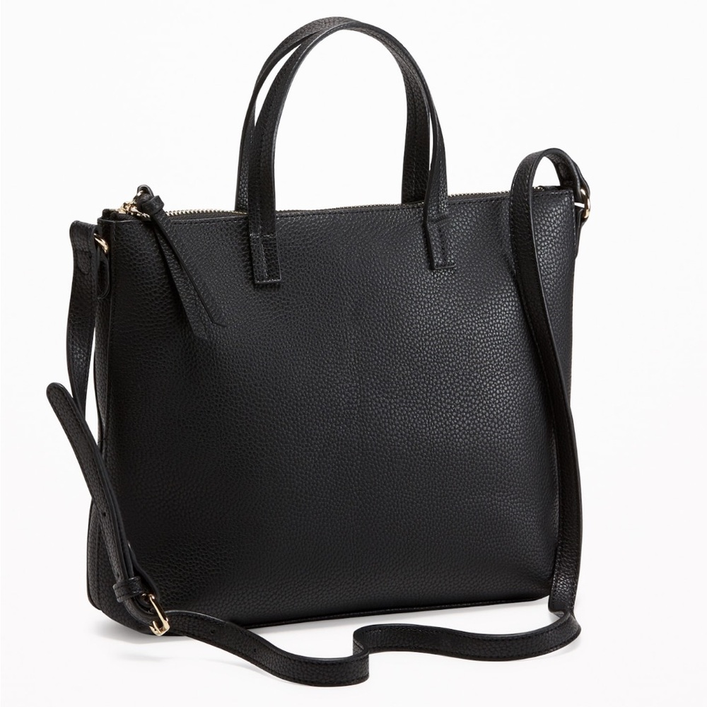 Black Faux Leather Pebbled Zip Top Crossbody Shoulder Tote Handbag Purse